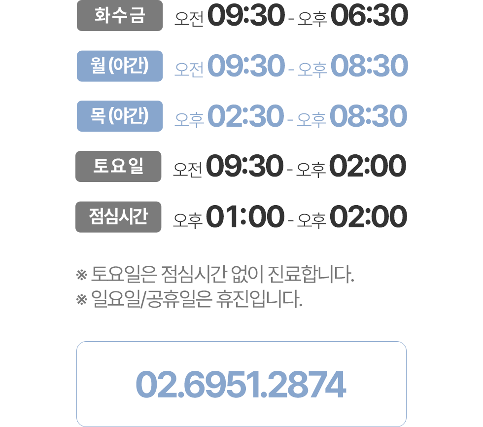 서울윤치과 진료시간: 화·수·금 오전 9시 30분부터 오후 6시 30분, 월·목 야간진료, 토요일 오후 2시까지